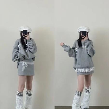 two piece set,women,korean fashion,spring,summer,cotton,lace,bow,oversize,loose,casual,feminine