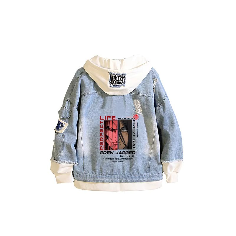 denim jacket, attack on titan, streetwear, manga, japanese, denim, washed, hood, original, unique, collection,