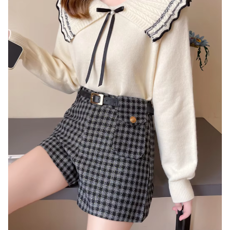 short, tweed, vintage, korean, high waist, wide leg, fall, winter, tights, plaid, tat weave, fashion, trendy,