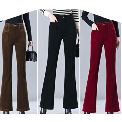 pantalones, pana, invierno, mujer, calentar, forrado, cintura alta, acampanado, moda, tendencia, casual, oficina, negro,