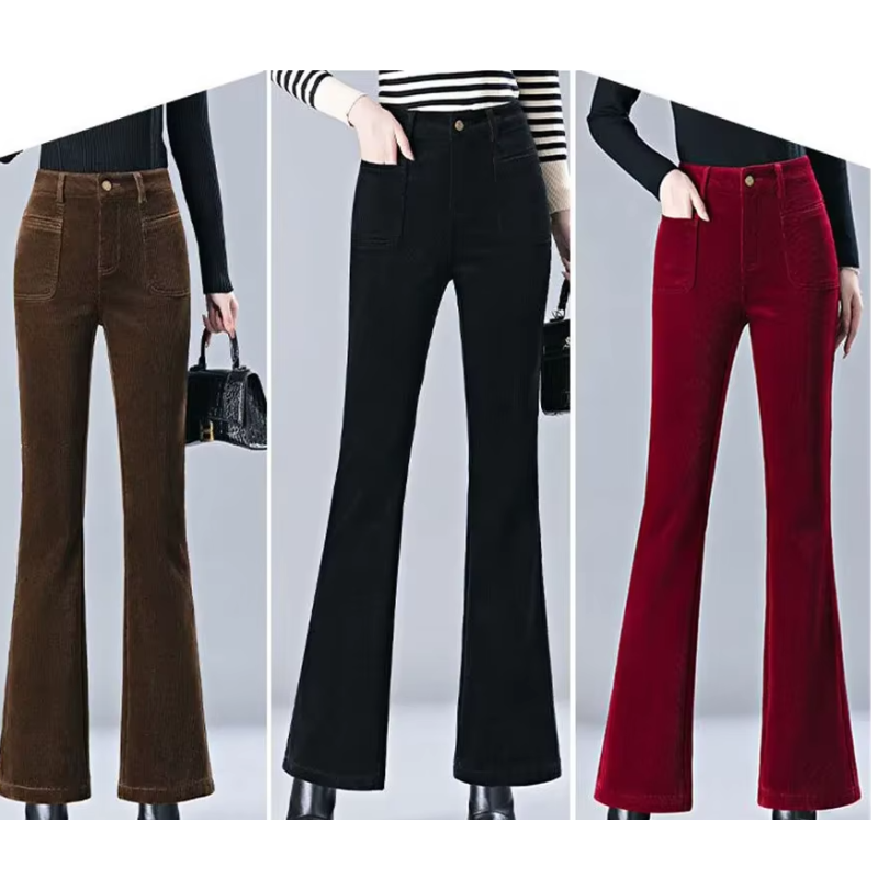 pants, corduroy, winter, women, warm, lined, high waist, flared, fashion, trendy, casual, office, black, cotton, polyester,