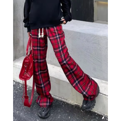 pantalon baggy, carreaux rouges, années 90, mode, femme, tendance, décontracté, confortable, coton, taille haute, streetwear,