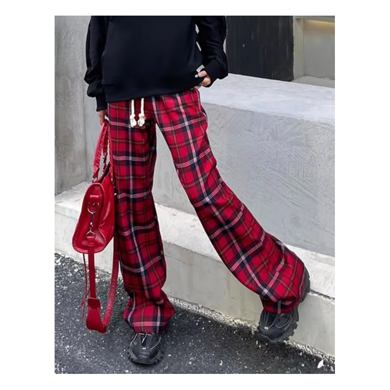 baggy pants, red check, 90s, fashion, women, trendy, casual, comfortable, cotton, high waist, streetwear,