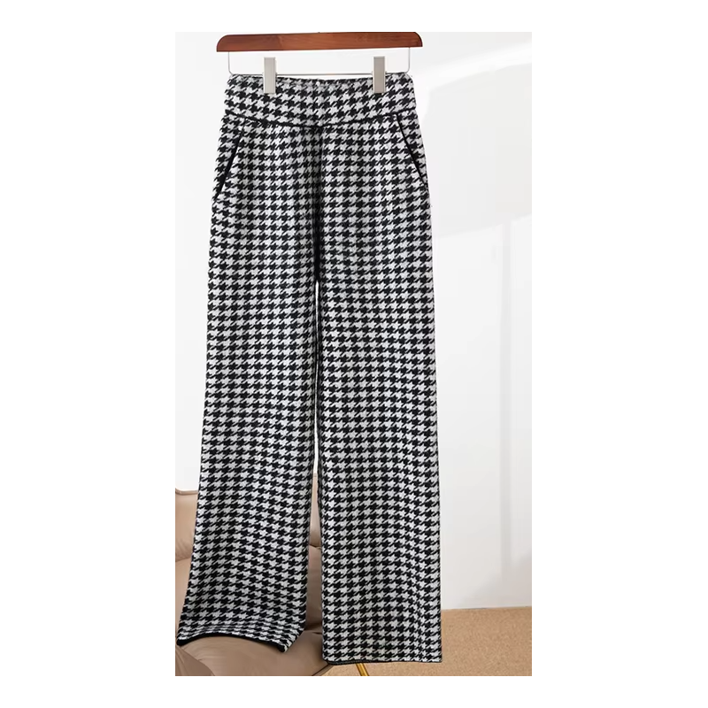 pantaloni in lana merino, fantasia uccelli, vita alta, donna, moda, autunno, inverno, casual, chic,