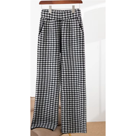 pantaloni in lana merino, fantasia uccelli, vita alta, donna, moda, autunno, inverno, casual, chic,