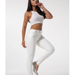 Pantalones de imitación de cuero mujer, blancos, cintura alta, éticos