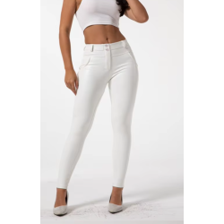 Pantalones de imitación de cuero mujer, blancos, cintura alta, éticos