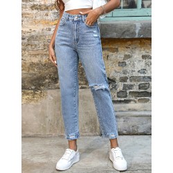 déchiré, effiloché, denim, coupe carotte, mode femme, tendance, décontracté, urbain, streetwear, automne, vêtement, femme, hiver