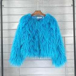 Faux fur coat, vibrant colors, unique style