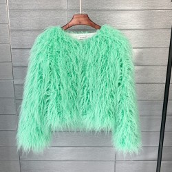 Faux fur coat, vibrant colors, unique style