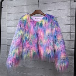 Faux fur coat, vibrant colors, unique style