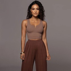 Crop top femme, côtelé, col V, sexy, tendance