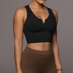 Crop top femme, côtelé, col V, sexy, tendance