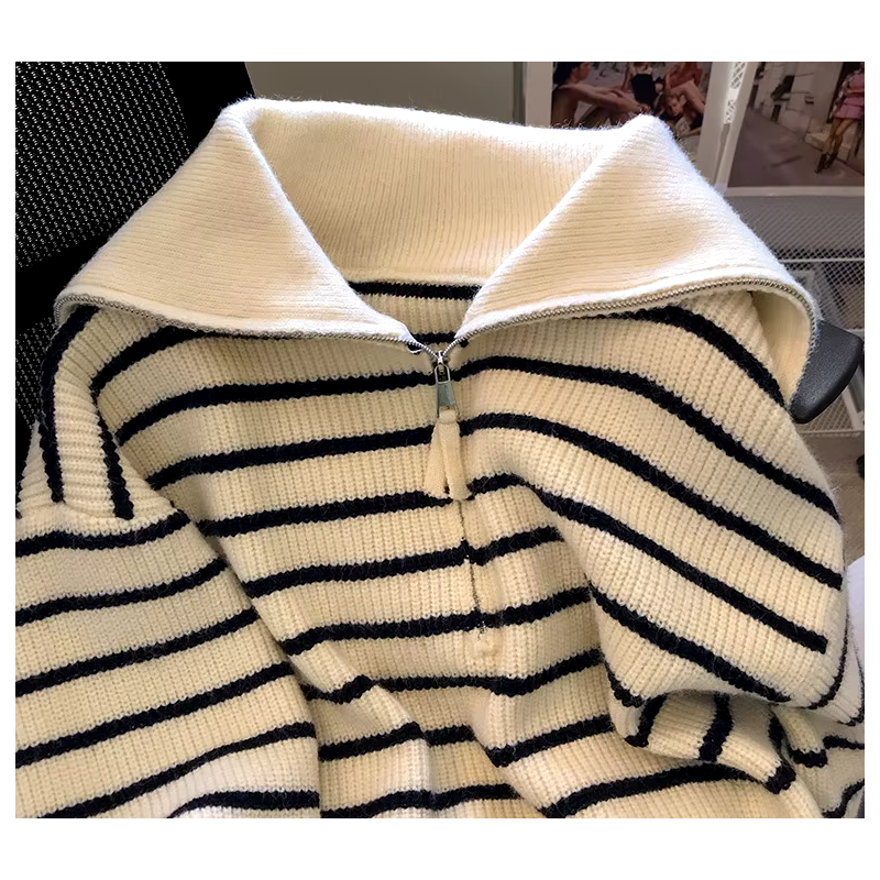 striped sweater, sailor collar, women fashion, vintage clothing, casual clothing, comfortable clothing, polyester, half zip